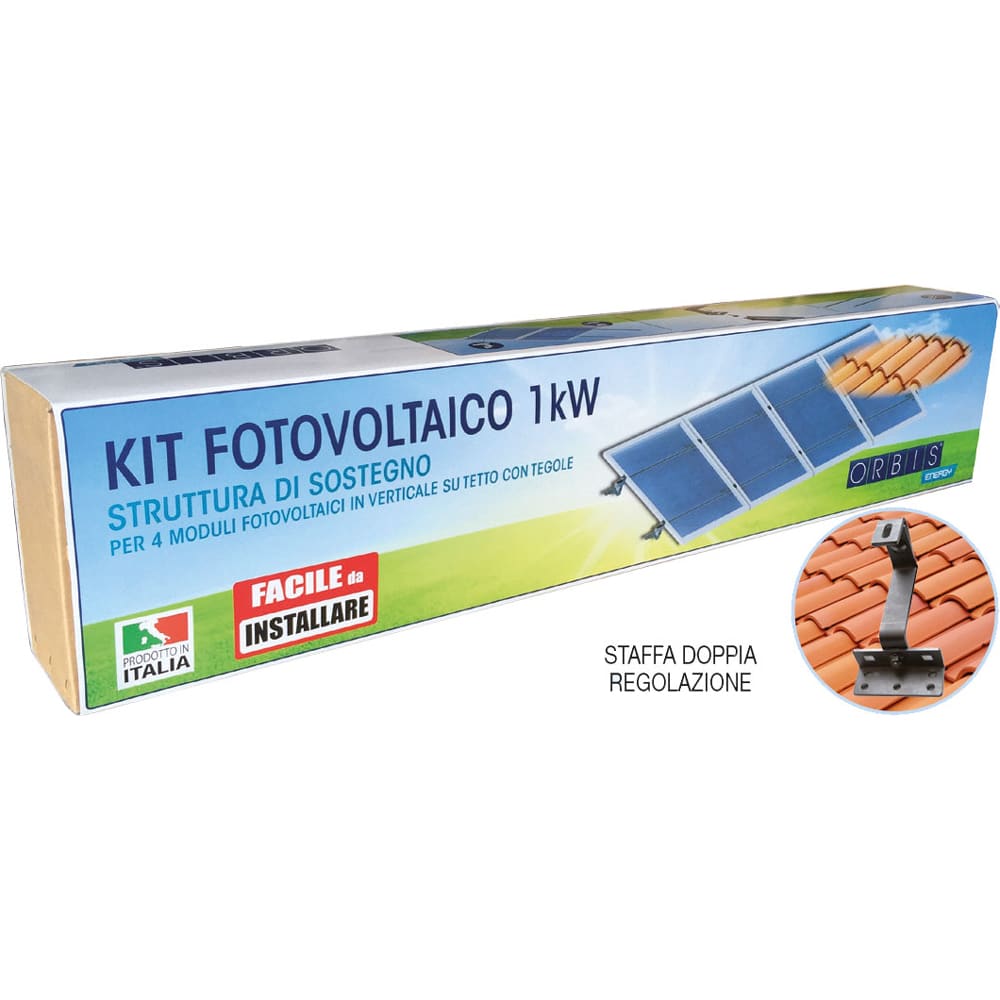 ORBIS - ORBOBKT6323 KIT FST-R4 KIT STRUTTURA DI SOSTEGNO 4 PANNELLI per 4 moduli fotovoltaici in verticale su tetto con tegole o coppi, Staffa DOPPIA REGOLAZIONE