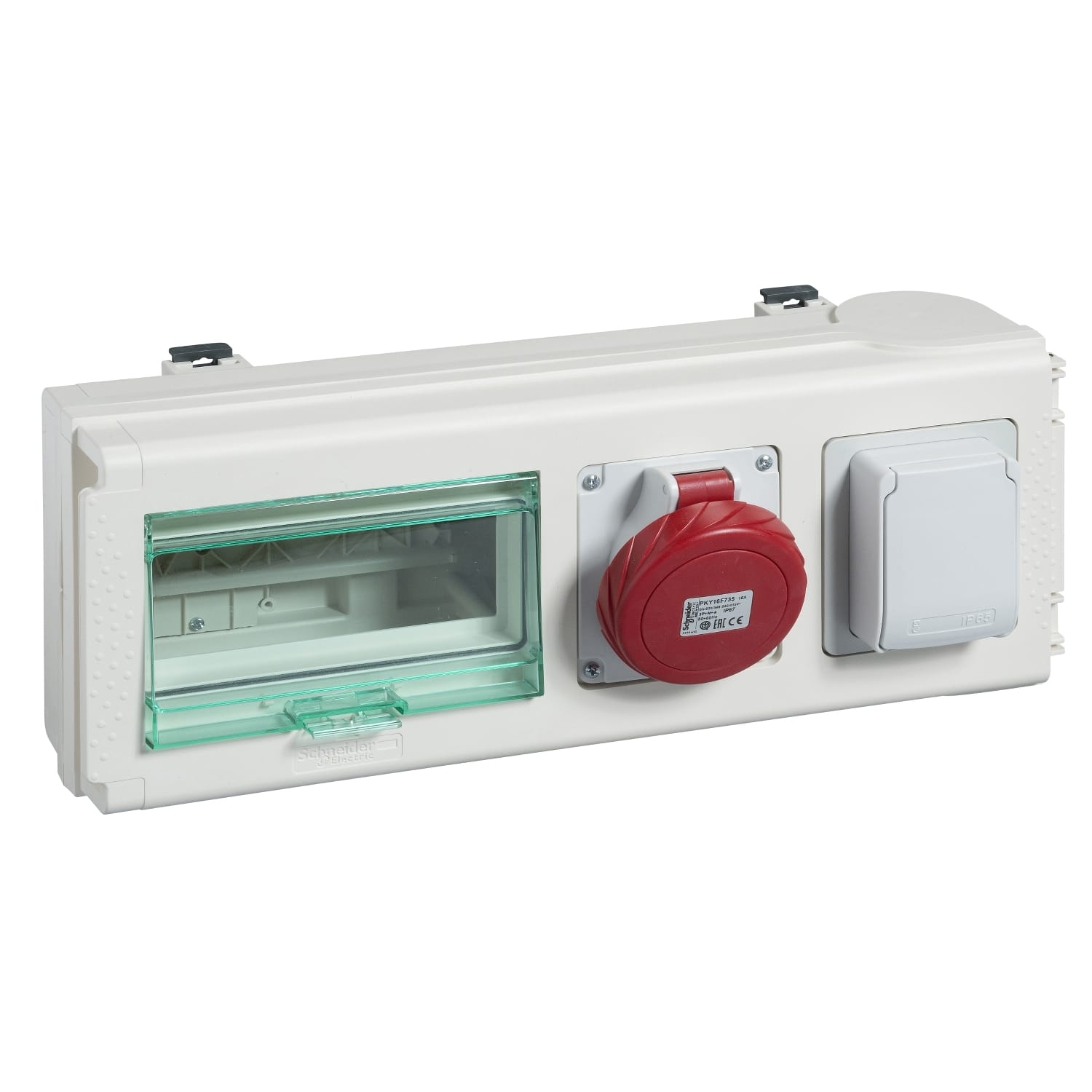 SCHNEIDER ELECTRIC - SNRKNB32CP35 Tap off unit, Canalis KN, for modular devices, 32A, 3L+N+PE, up to 8 modules of 18mm, with 2 IEC power sockets, IP55