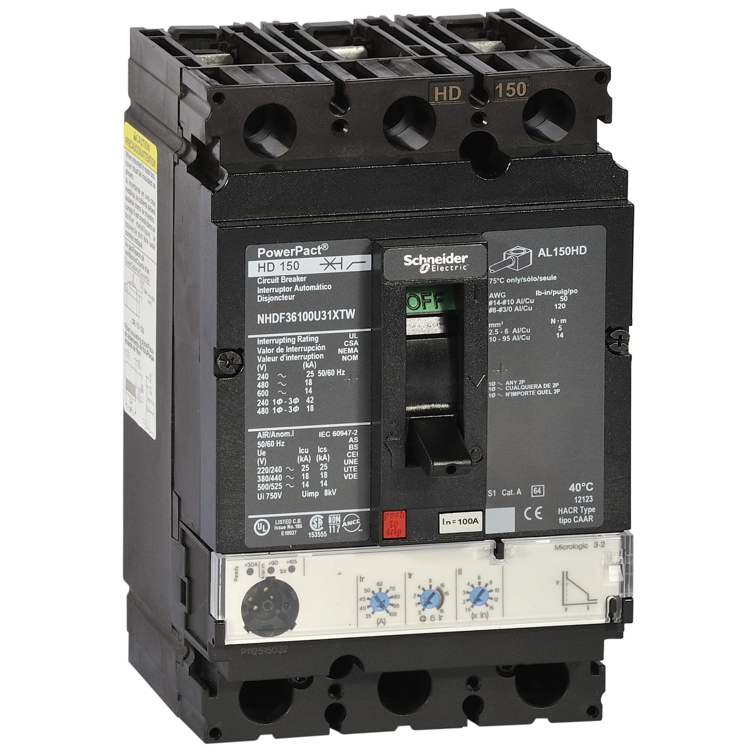 SCHNEIDER ELECTRIC - SNRNHGF36060U31XTW H-FRAME 150A 35KA 3P MLOGIC 3.2 60A