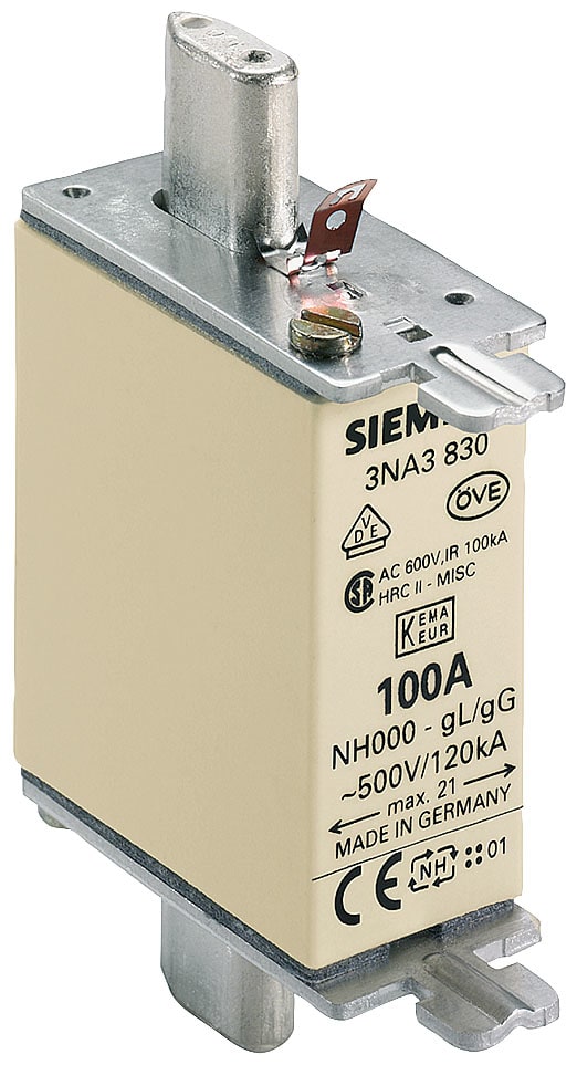 SIEMENS - SIE3NA3830 Cartuccia fusibile NH, NH000, In: 100 A, gG, Un AC: 500 V, Un DC: 250 V