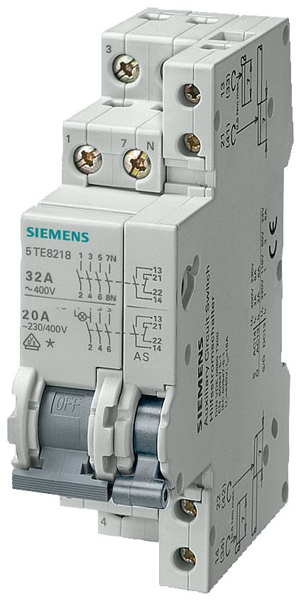 SIEMENS - SIE5TE8118 Interruttore ON/OFF 20 A 3NO+N con blocchetto di contatti ausiliari 1NO+1NC