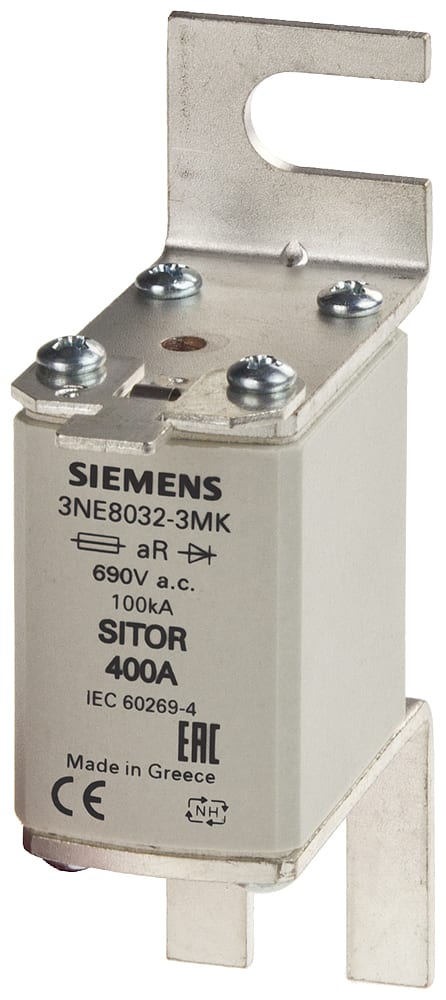 SIEMENS - SIE3NE80323MK Cartuccia fusibile SITOR, con alette di fissaggio a vite, NH00, In: 400 A, aR, Un AC: 690 V
