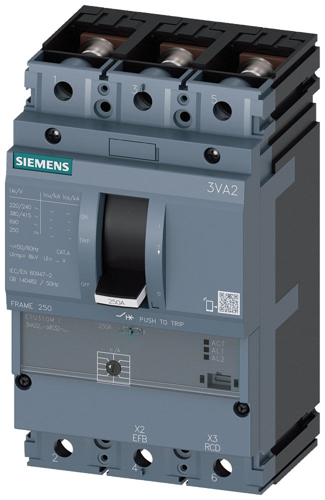 SIEMENS - SIE3VA22167MS320AA0 interruttore automatico 3VA2 IEC frame 250 classe del potere di interruzione C Icu=110kA con 415V a 3 poli, protezione avviatore ETU310M, I, In=160...