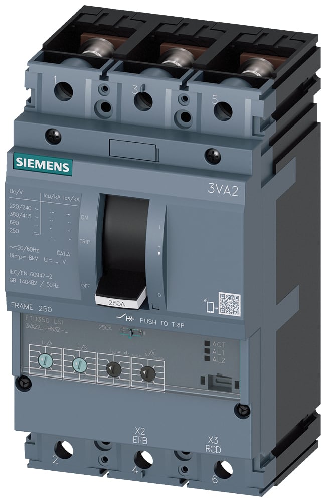 SIEMENS - SIE3VA22257HN320AA0 interruttore automatico 3VA2 IEC frame 250 classe del potere di interruzione C Icu=110kA con 415V a 3 poli, protezione impianto ETU350, LSI, In=250...