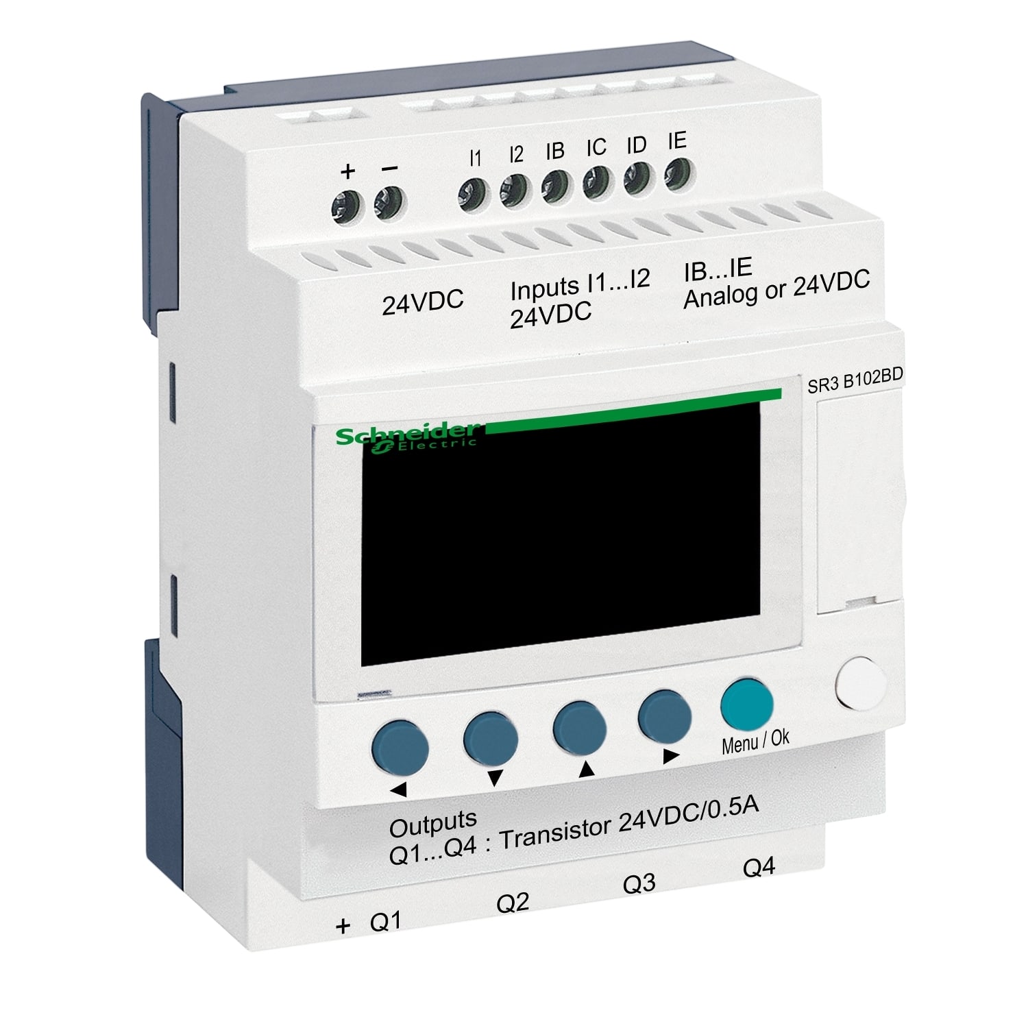 SCHNEIDER ELECTRIC - SNRSR3B102BD modular smart relay, Zelio Logic SR2 SR3, 10 IO, 24V DC, clock, display, 4 transistor outputs