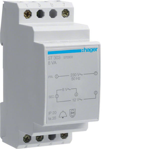 HAGER - HAGST303 Klingeltrafo 230V/8+12V 8VA 2PLE