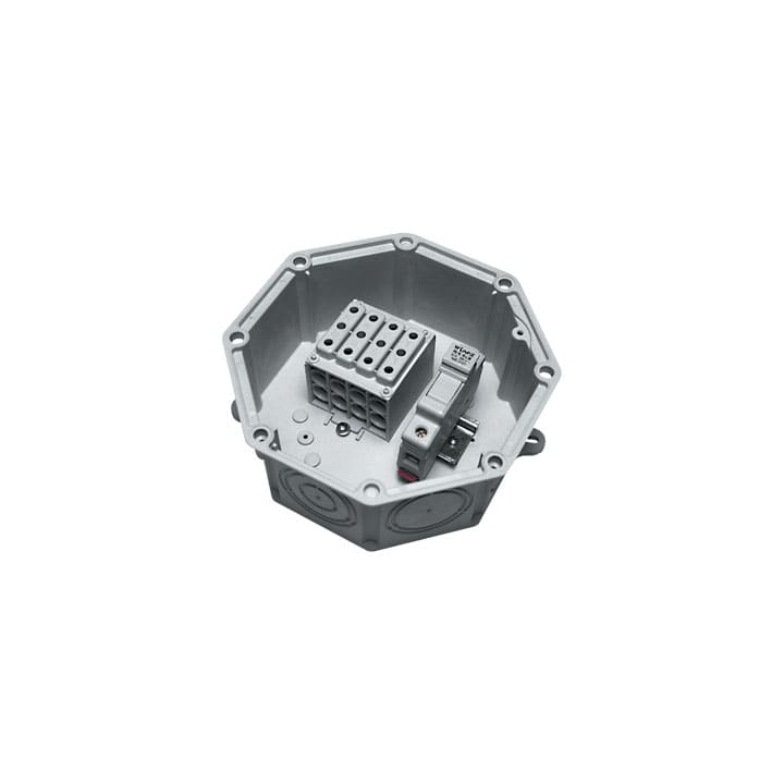 CONCHIGLIA - CON027251115 Serie UPM - Cass. di deriv. in PA6 V0 equip., morsett. multi 4P 25mmq e 1 portafus., dim. 183x183 mm