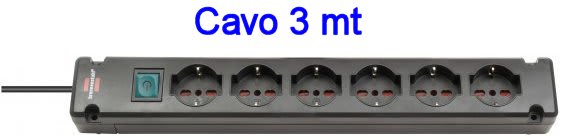 BRENNENSTHUL - Multipresa a 6 prese nera CAVO 3MT H05VV-F 3G1,5 con interruttore - spina  ITA 16A