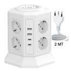 MED - Multipresa torretta 8 prese trivalenti - 2 USB-A + 2 USB-C + 2 interruttori COLORE BIANCO