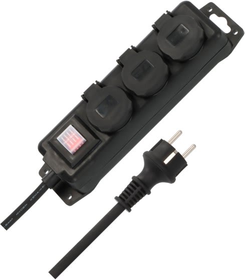BRENNENSTHUL - Multipresa con interruttore IP44 a 3 prese nero cavo 2m H07RN-F 3G1,5 - spina schuko