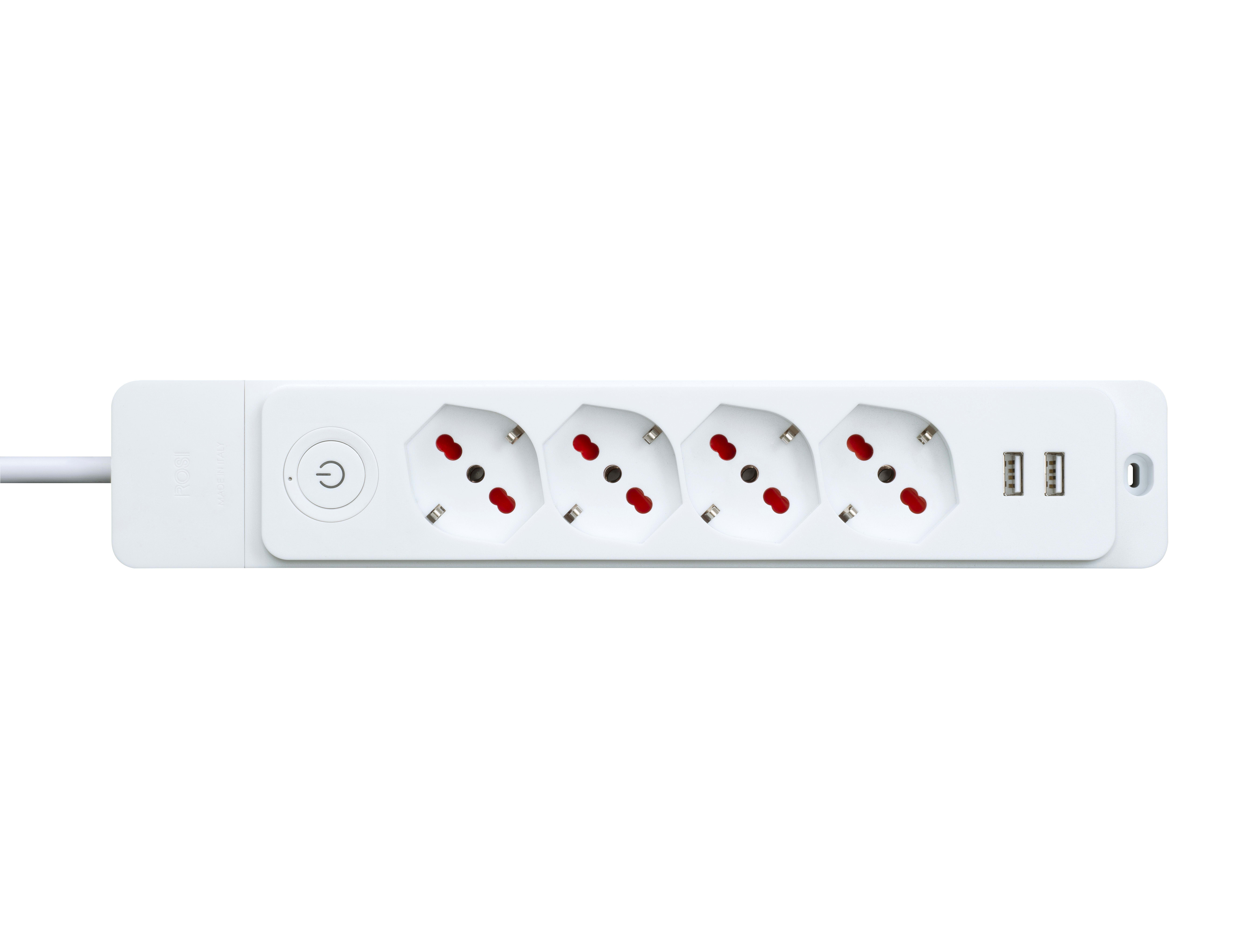 ROSI MATERIALE ELETT - MULTIPRESA EMILIA SPECIALIST 4 POSTI + 2 USB, CON INTERRUTTORE E 1,5M CAVO, BIANCA - MADE IN ITALY