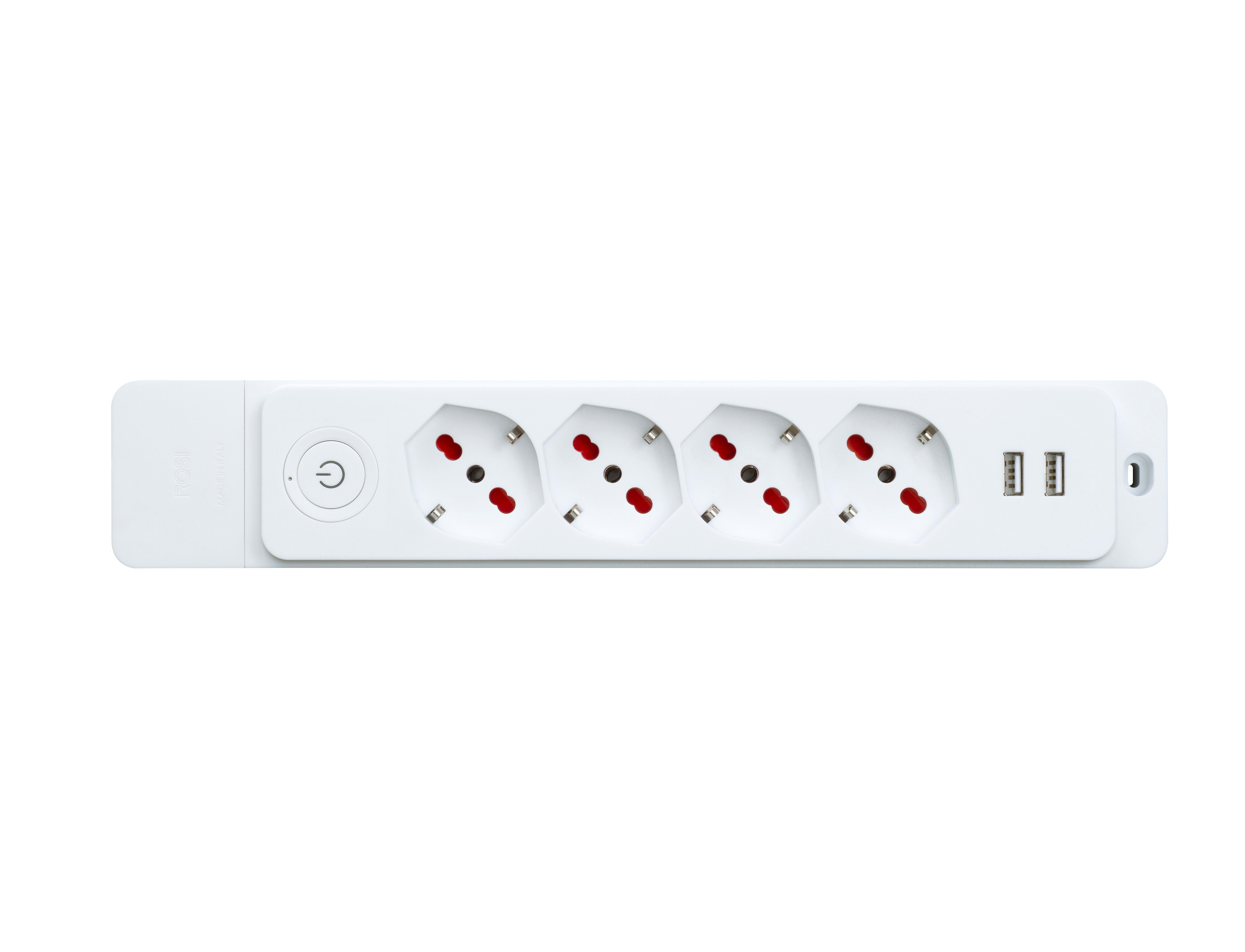 ROSI MATERIALE ELETT - MULTIPRESA EMILIA SPECIALIST 4 POSTI + 2 USB, SENZA CAVO, CON INTERRUTTORE, BIANCA - MADE IN ITALY
