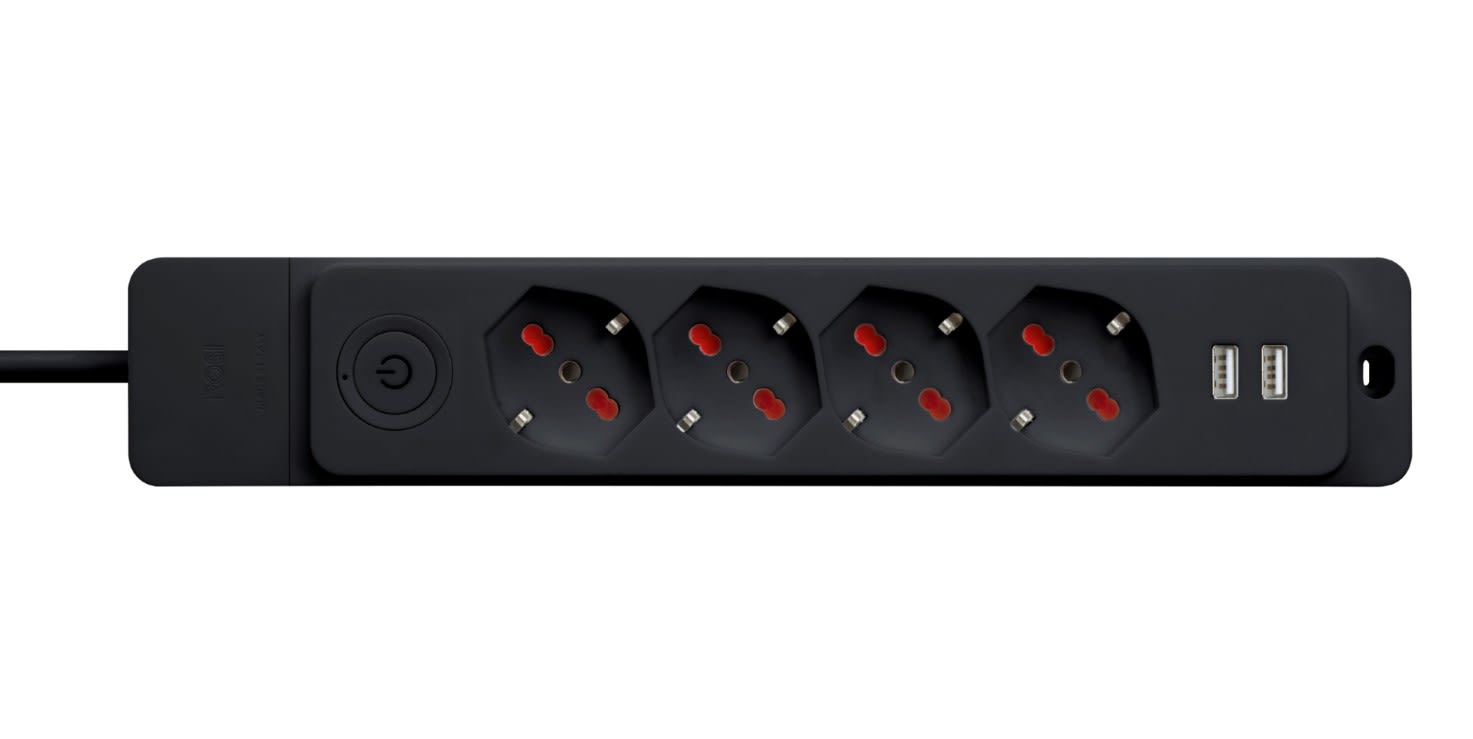 ROSI MATERIALE ELETT - MULTIPRESA EMILIA SPECIALIST 4 POSTI + 2 USB, CON INTERRUTTORE E 1,5M CAVO, NERA - MADE IN ITALY