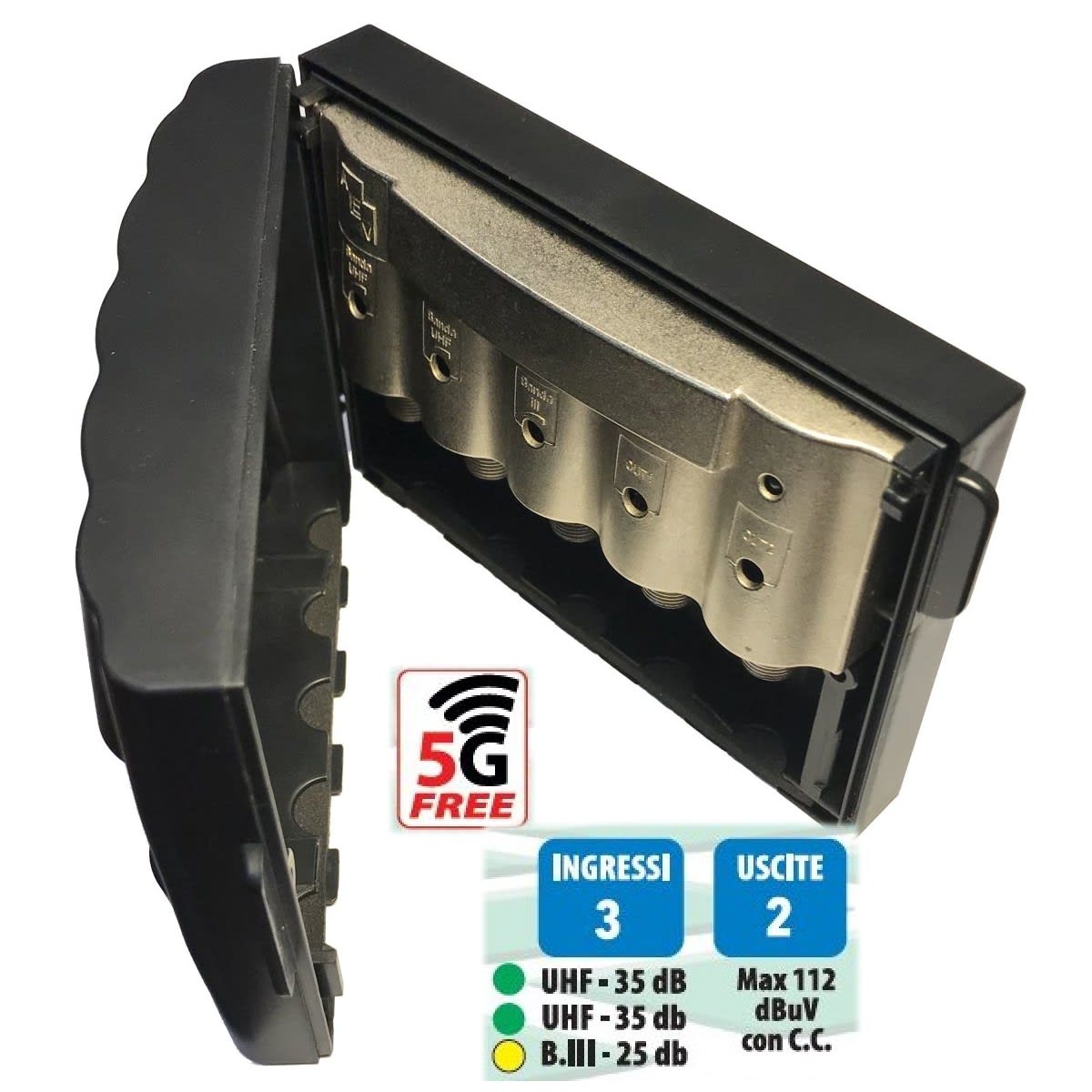 AEV - Amplif. palo  5G 112dBuV 3 ingr. reg. UHF 35dB UHF 35dB  B.III 25dB - 2 out + cc