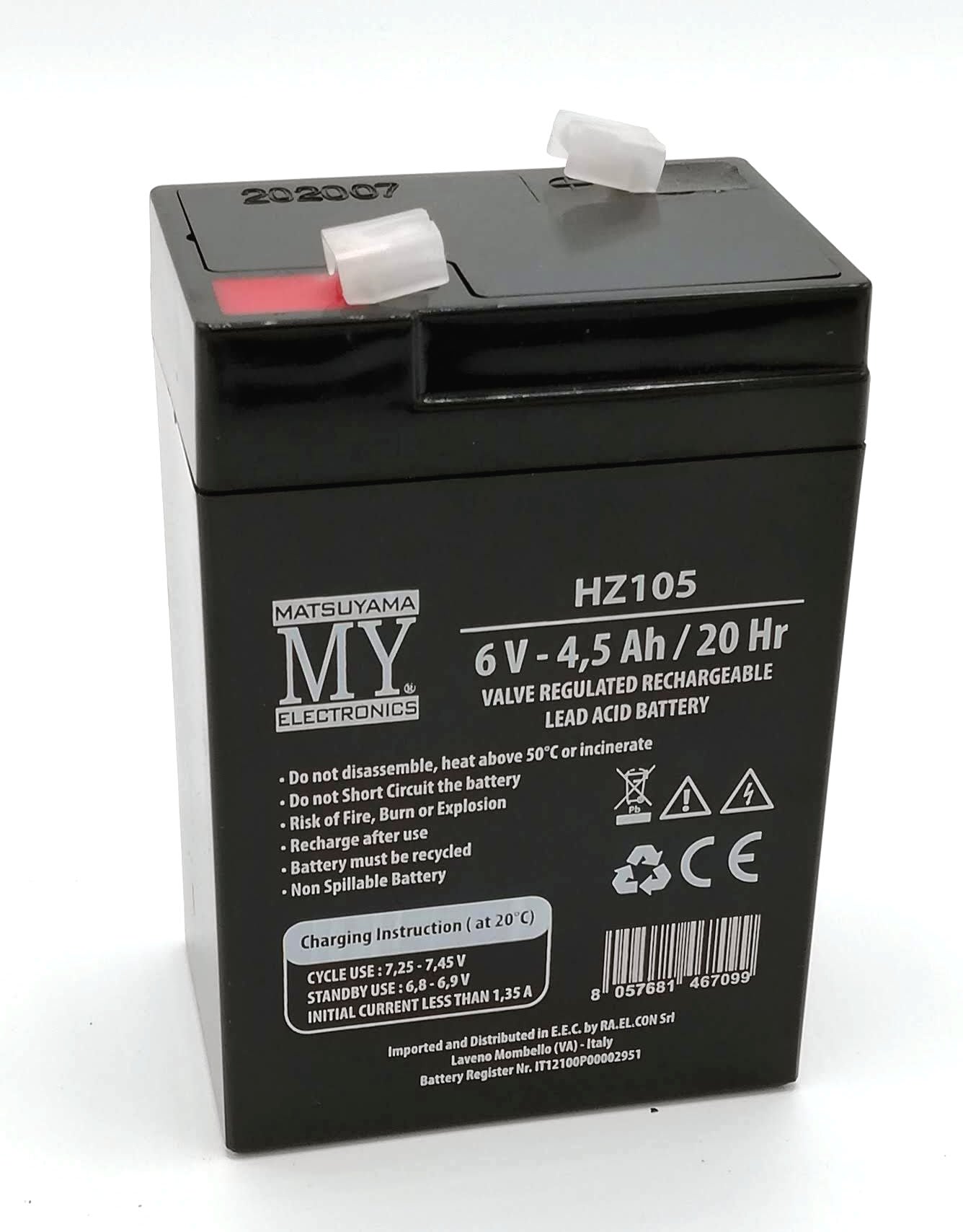 MATSUYAMA - Batteria ricaricabile al piombo 6V 4,5Ah - 70x47x101mm -Faston 4,8mm