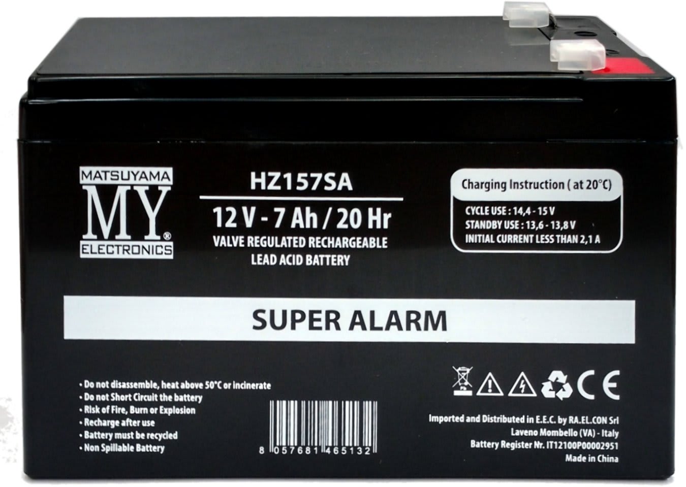MATSUYAMA - Batteria piombo 12V 7Ah spec. impianti allarme 151x65x94mm conf 10 pz- fast 4,8