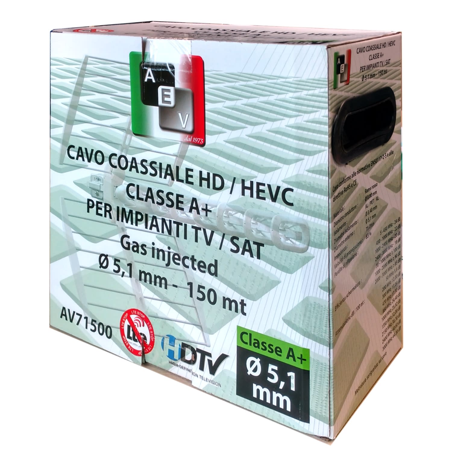 AEV - Cavo Coassiale HD/HEVC Rame rosso Classe A+ GAS INJECTED - Ø 5,1 mm - Matassa da 150 mt