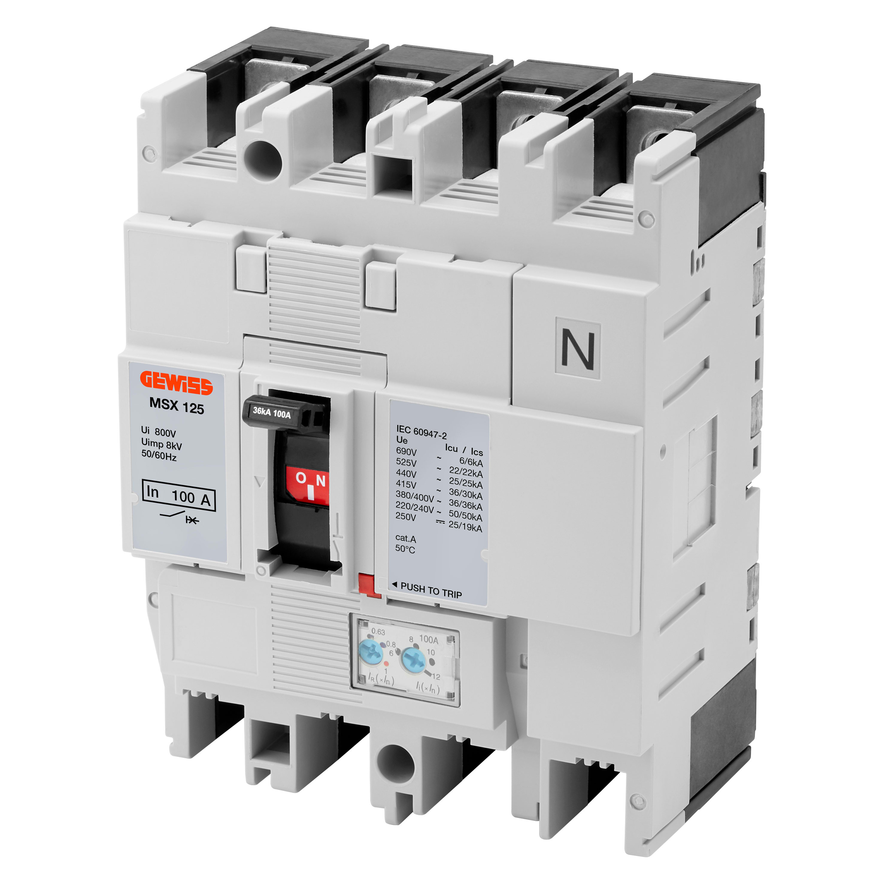 GEWISS - GEWGWD9136 MSX 125 - INTERRUTTORE MAGNETOTERMICO SCATOLATO - TERMICA REGOLABILE - MAGNETICA REGOLABILE - 36KA 3P+N 125A 690V
