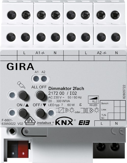 GIRA GIR217200 Dimmaktor 2f 2 x 300 W/VA KNX REG