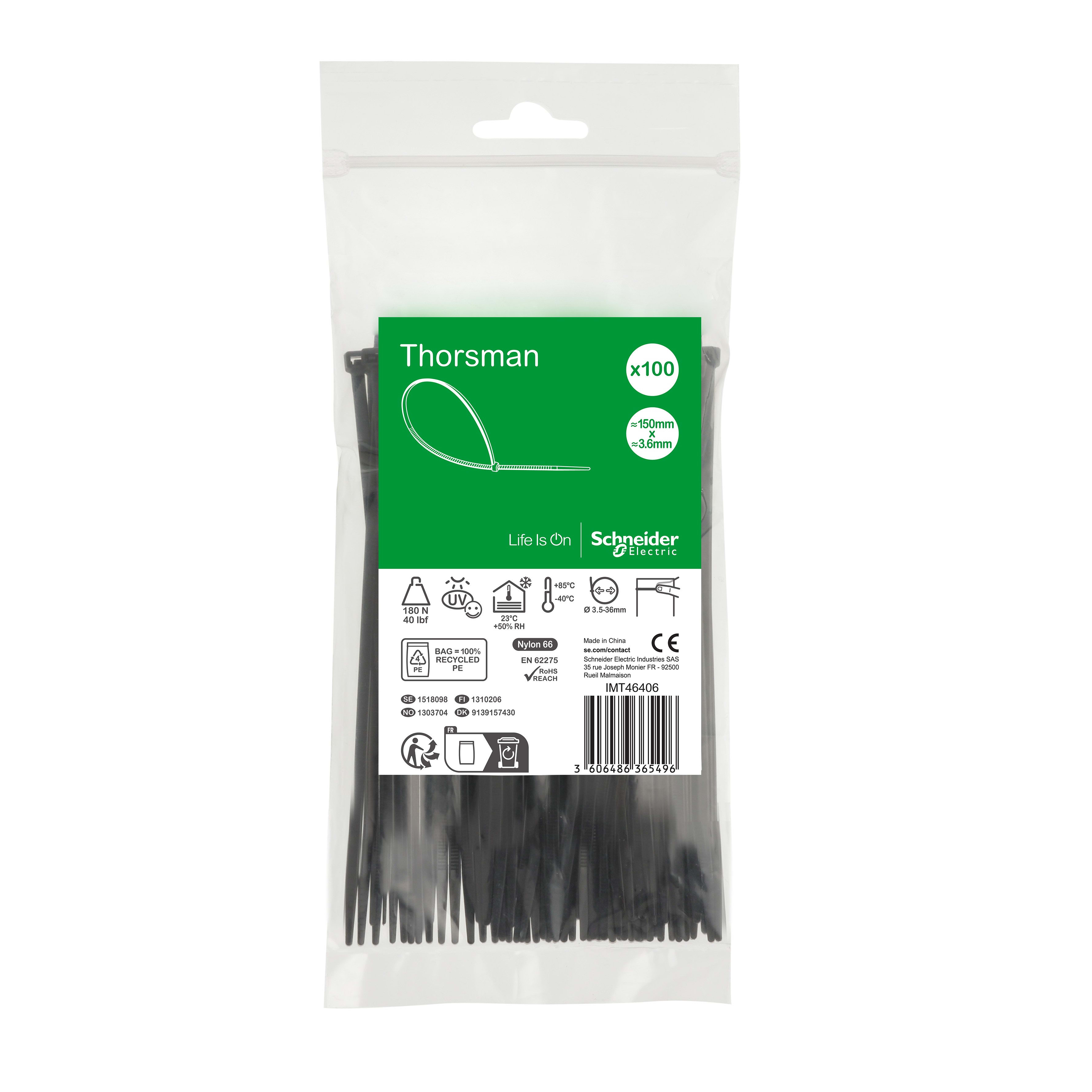 SCHNEIDER ELECTRIC SNRIMT46406 1 SACCHETTO 100 FASCETTE 150X3,6 NERO
