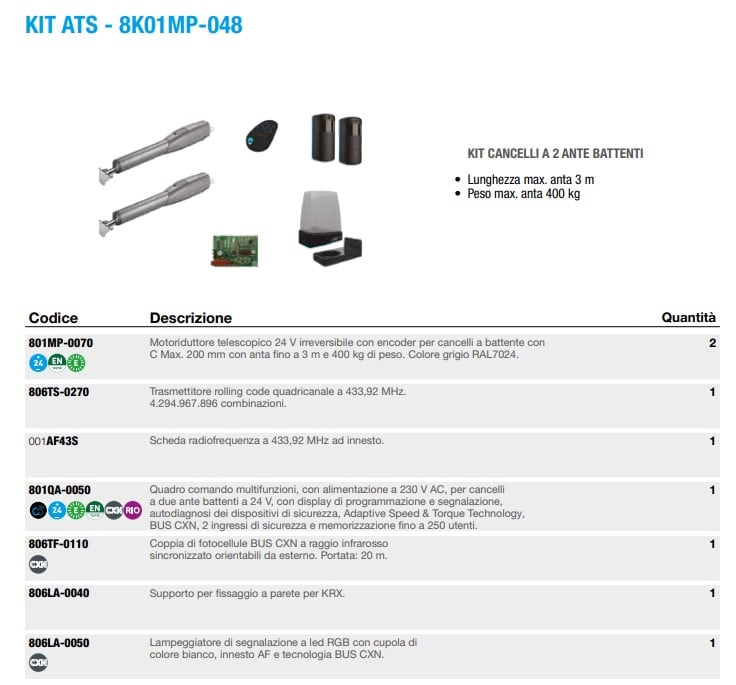 CAME SPA CMC8K01MP-048 KIT TELESCOPICO ATS 3M 24V ZLXM BUS