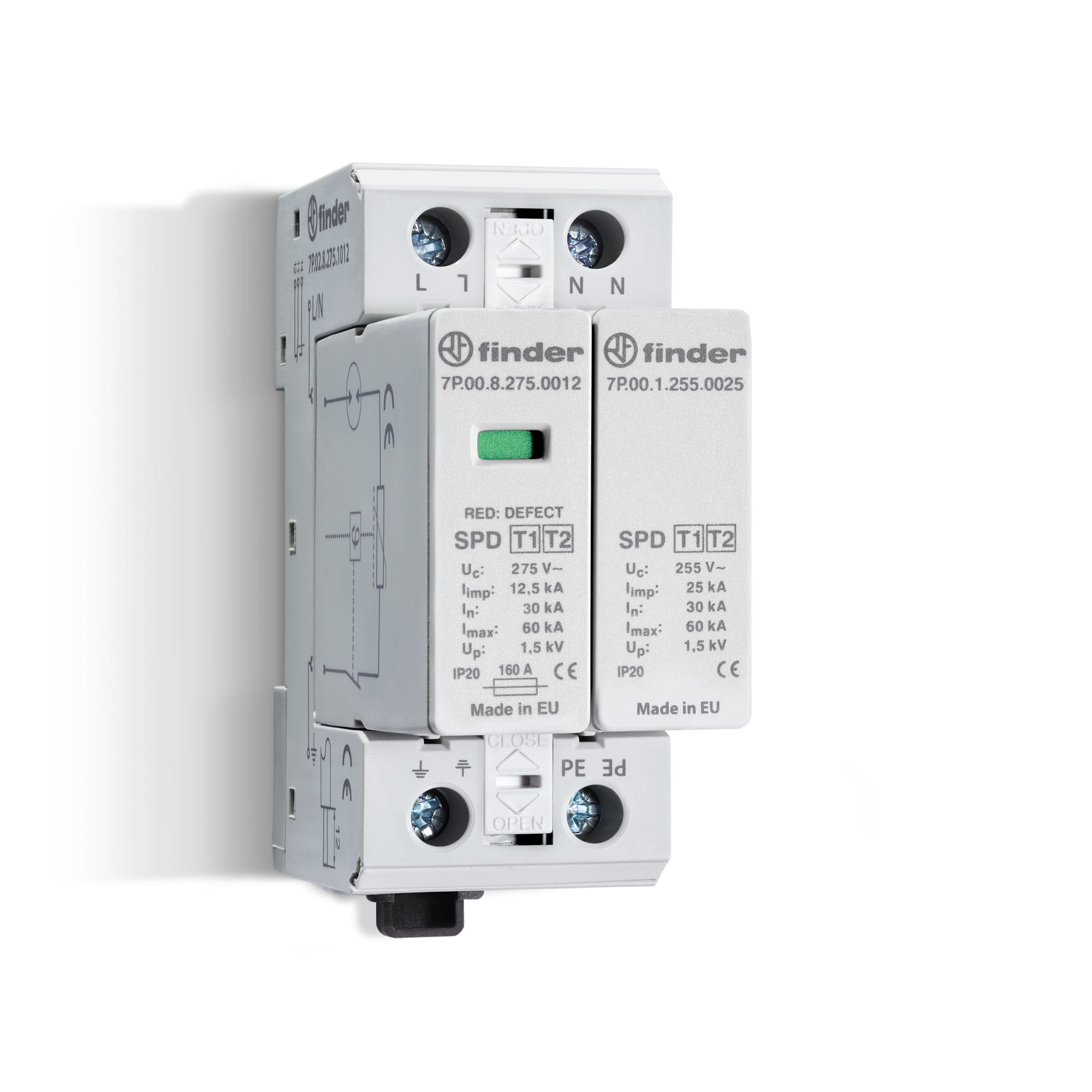 FINDER SPA FIN7P0282751012 SPD CLASSE1+2 MONOFASE 2P 275VAC 1+1 12.