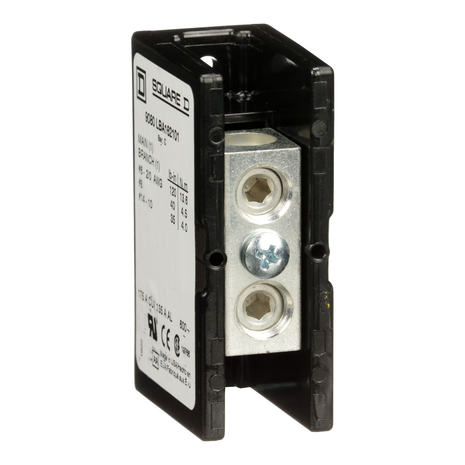 SCHNEIDER ELECTRIC - SNR9080LBA162101 Power Distribution Block 1 Pole 1 Line 1 Load 600V 175A CU / 600V 135A AL