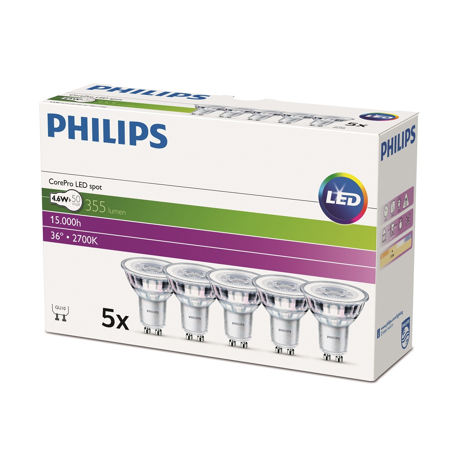 Philips - PBZ70029400 CorePro LEDspot 4.6-50W GU10 827 36D 5CT