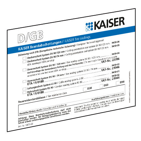 KAISER GMBH & CO. KG - KAI9473-92 BRANDSCHUTZ SCHOTT-KENNZEICHNUNGSSCHILD