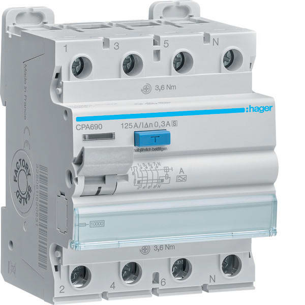 HAGER HAGCPA690 INT DIFF ACC 3P+N 300MA 125A A SEL 4M