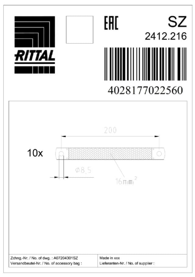 RITTAL SPA RIT2412216 SZ CAVI PIATTI X T. M8 SEZ. 16 MM - 10PZ