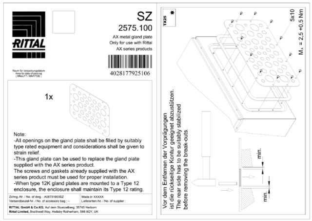 RITTAL SPA RIT2575100 AX FLANGIA ING.CAVI PRETRANCIATA 5GR