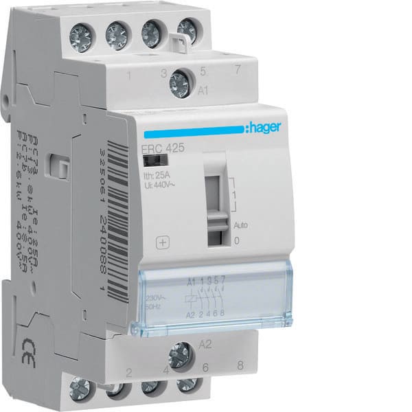 HAGER HAGERC425 CONTATTORE COM MAN STD+ 4NA 230VAC 25A 2