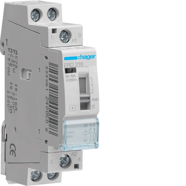 HAGER HAGERD218 REL COM MAN STD+ 1NA+1NC 24VAC 16A 1M