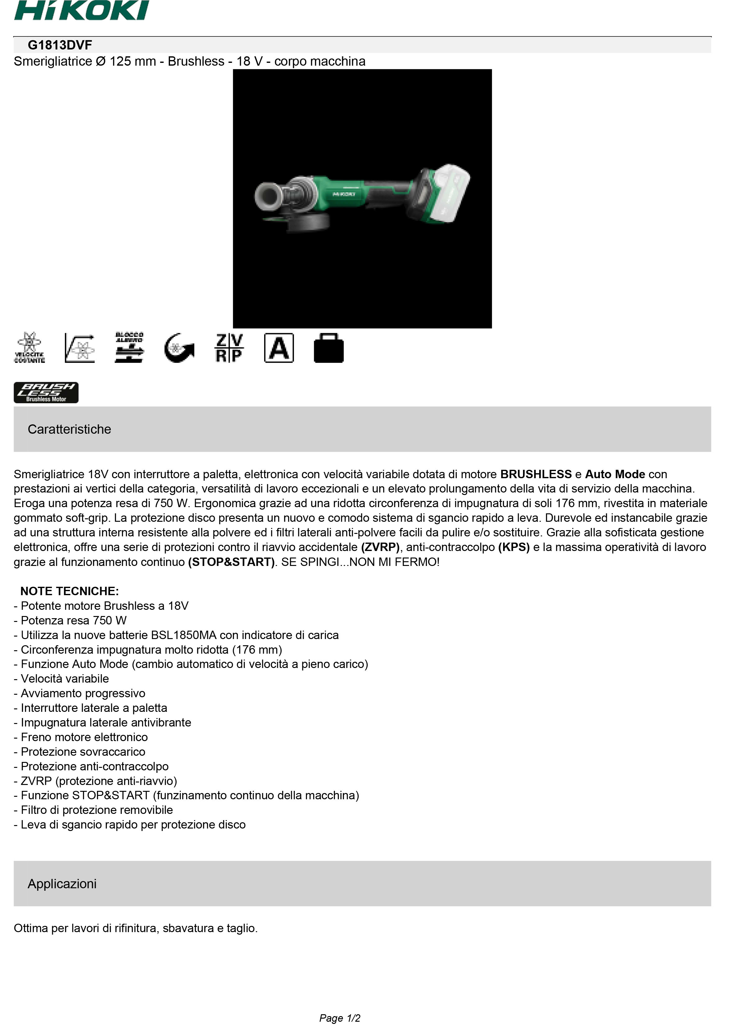 HIKOKI POWER TOOLS - HIAG1813DVFW2Z SMER. ANGOLARE 18V, 125MM, CORPO