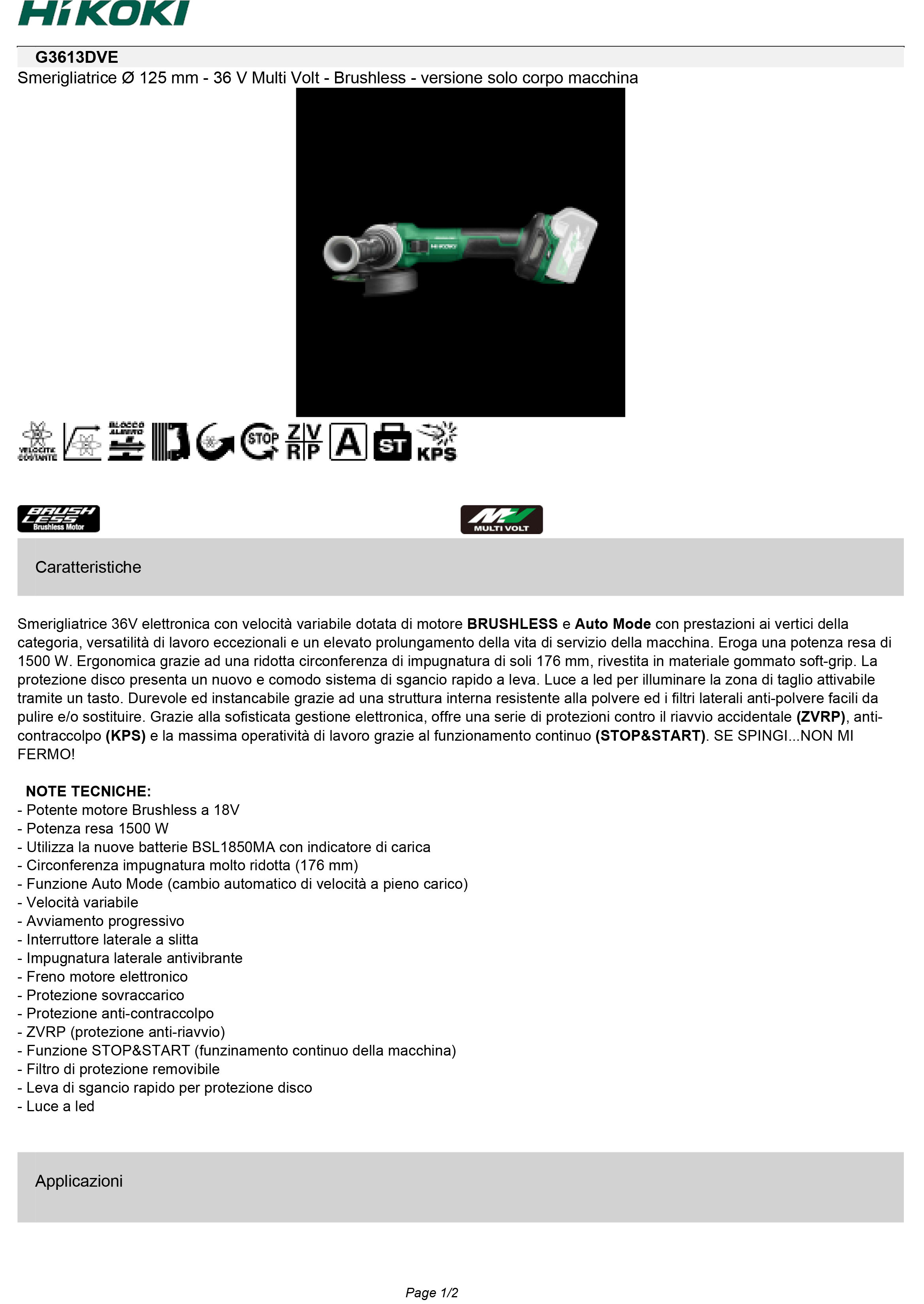 HIKOKI POWER TOOLS HIAG3613DVEWQZ SMER. ANGOLARE 36V, 125MM, 2XMVA
