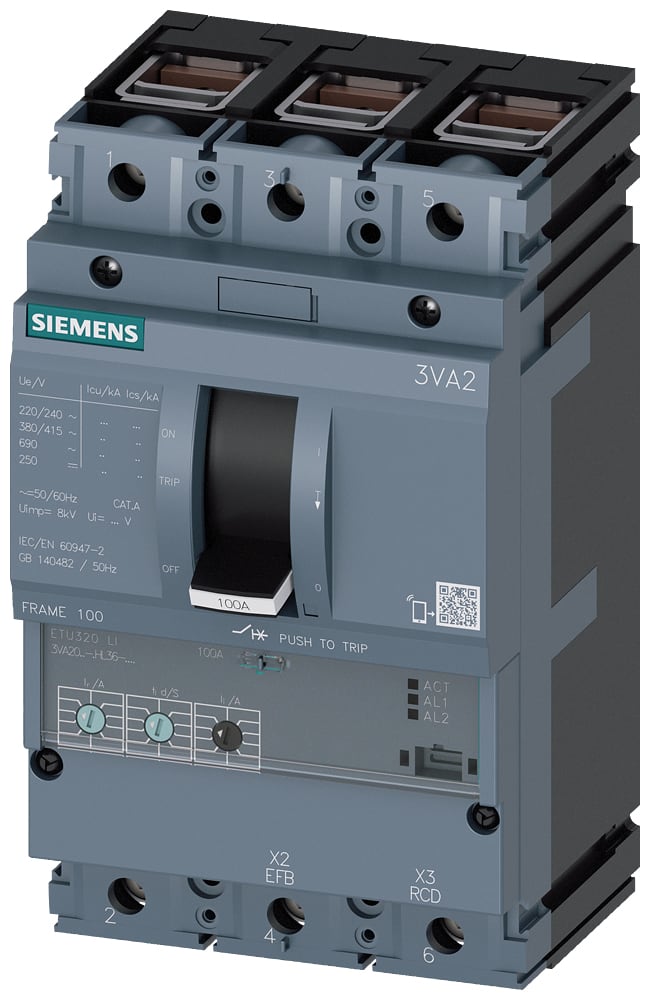 SIEMENS - SIE3VA20258HL360AA0 interruttore automatico 3VA2 IEC frame 100 classe del potere di interruzione L Icu=150kA con 415V a 3 poli, protezione impianto ETU320, LI, In=25A ...