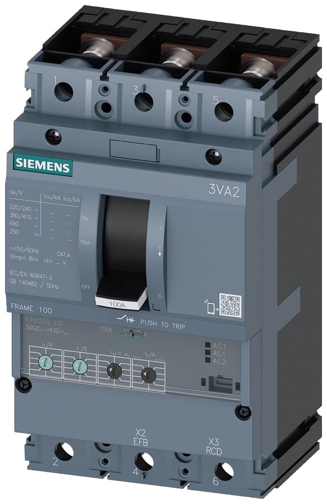 SIEMENS - SIE3VA20105HN320AA0 interruttore automatico 3VA2 IEC frame 100 classe del potere di interruzione M Icu=55kA con 415V a 3 poli, protezione impianto ETU350, LSI, In=100A...