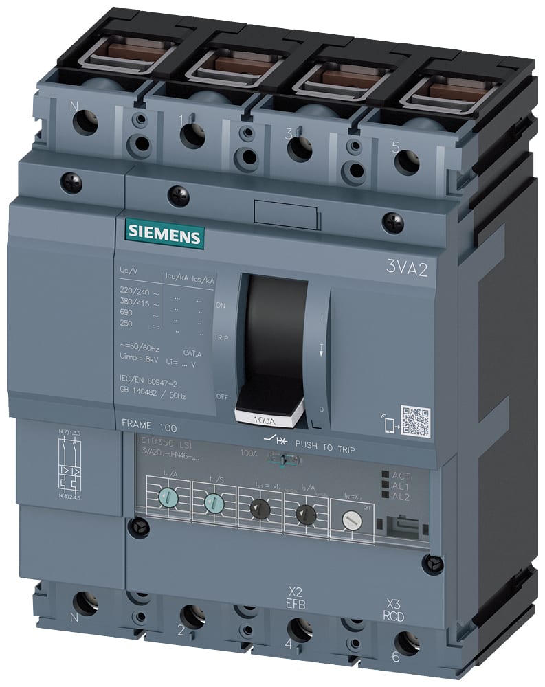 SIEMENS - SIE3VA20105HN460AA0 INT.AUT.3VA 100A 4P 55KA ETU3 LSI B/T