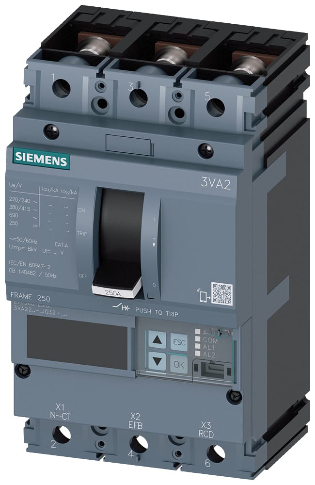 SIEMENS - SIE3VA22256JQ320AA0 interruttore automatico 3VA2 IEC frame 250 classe del potere di interruzione H Icu=85kA con 415V a 3 poli, protezione impianto ETU560, LSIG, In=250...