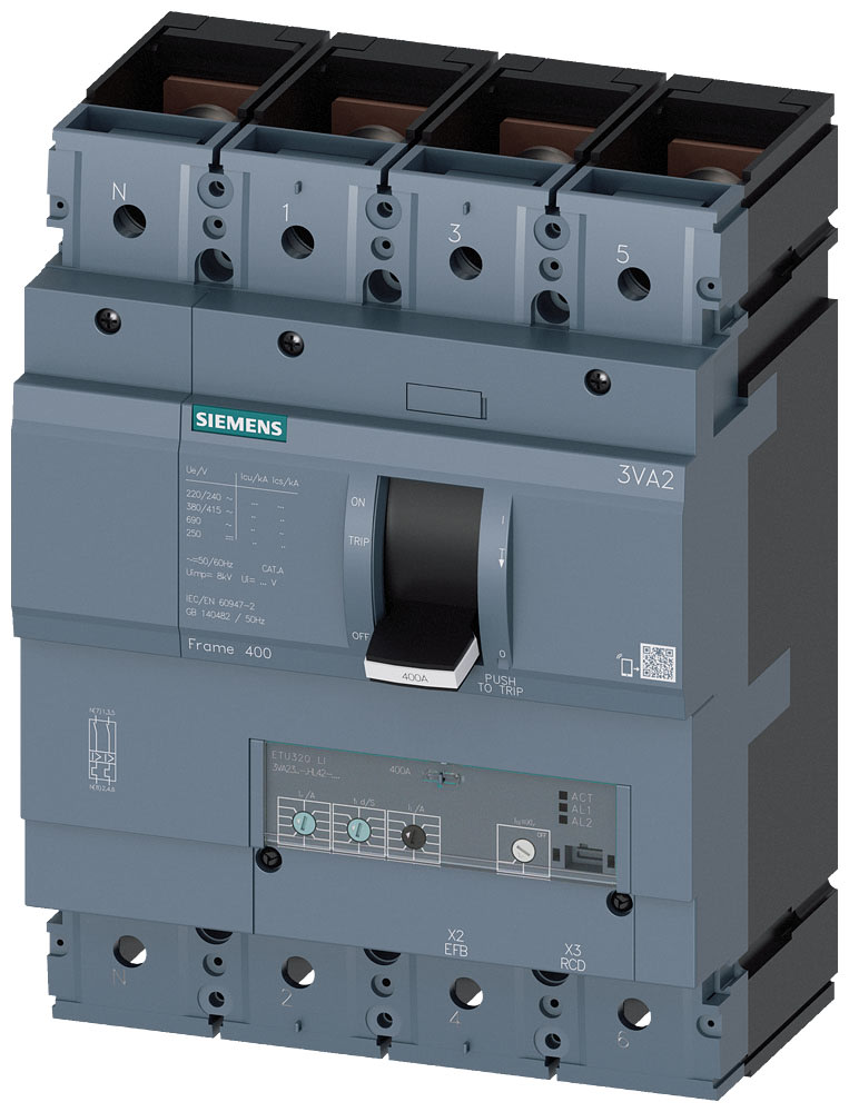 SIEMENS - SIE3VA23405HL420AA0 interruttore automatico 3VA2 IEC frame 400 classe del potere di interruzione M Icu=55kA con 415V a 4 poli, protezione impianto ETU320, LI, In=400A ...