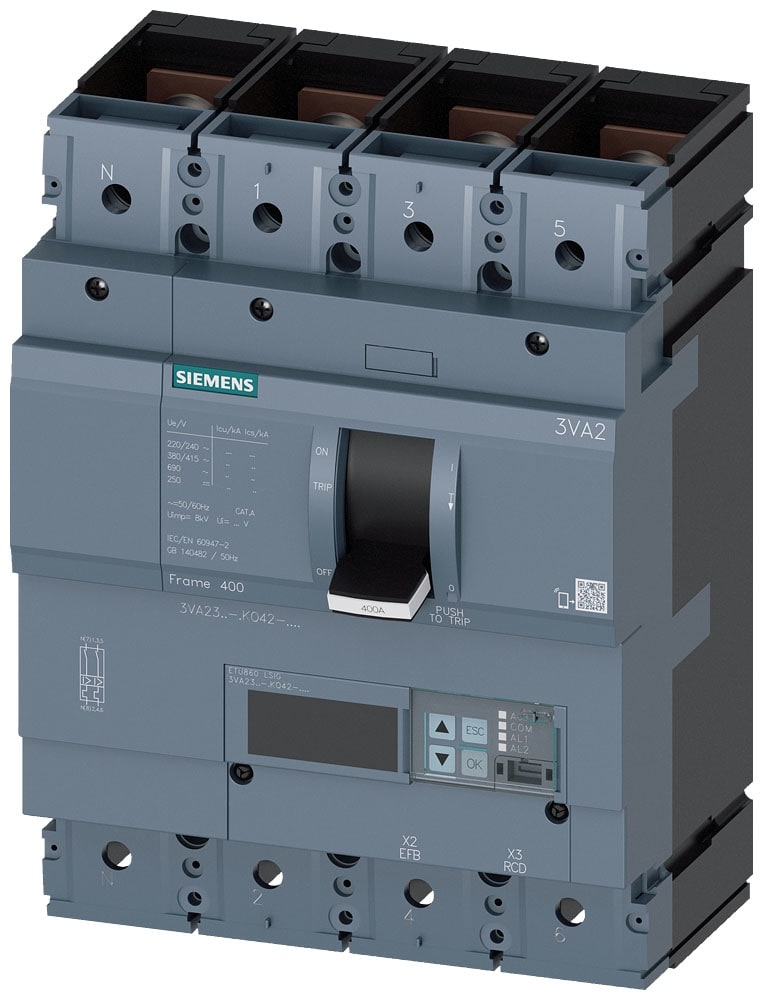 SIEMENS - SIE3VA23405KQ420AA0 interruttore automatico 3VA2 IEC frame 400 classe del potere di interruzione M Icu=55kA con 415V a 4 poli, protezione impianto ETU860, LSIG, In=400...
