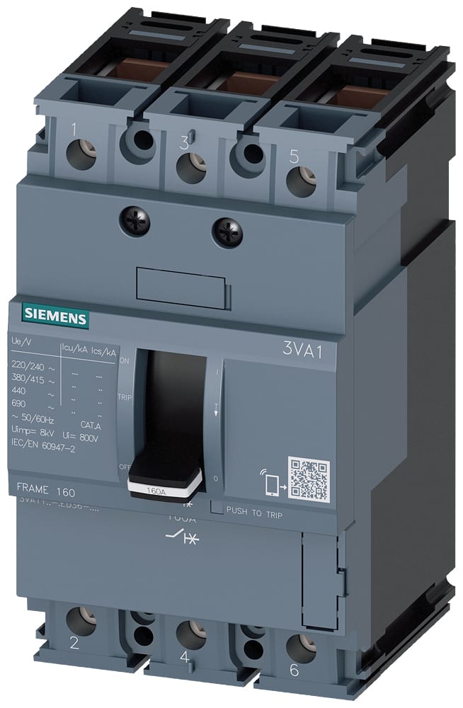 SIEMENS - SIE3VA11163ED360AA0 Interruttore automatico 3VA1 IEC Frame 160, classe del potere di interruzione N, Icu=25 kA con 415 V