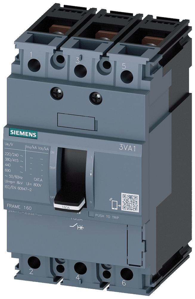 SIEMENS - SIE3VA11963ED320AA0 Interruttore automatico 3VA1 IEC Frame 160, classe del potere di interruzione N, Icu=25 kA con 415 V