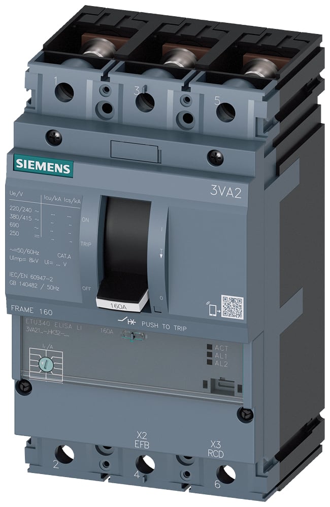 SIEMENS - SIE3VA21256HK320AA0 interruttore automatico 3VA2 IEC frame 160 classe del potere di interruzione H Icu=85kA con 415V a 3 poli, protezione impianto ETU340, ELISA LI, In...