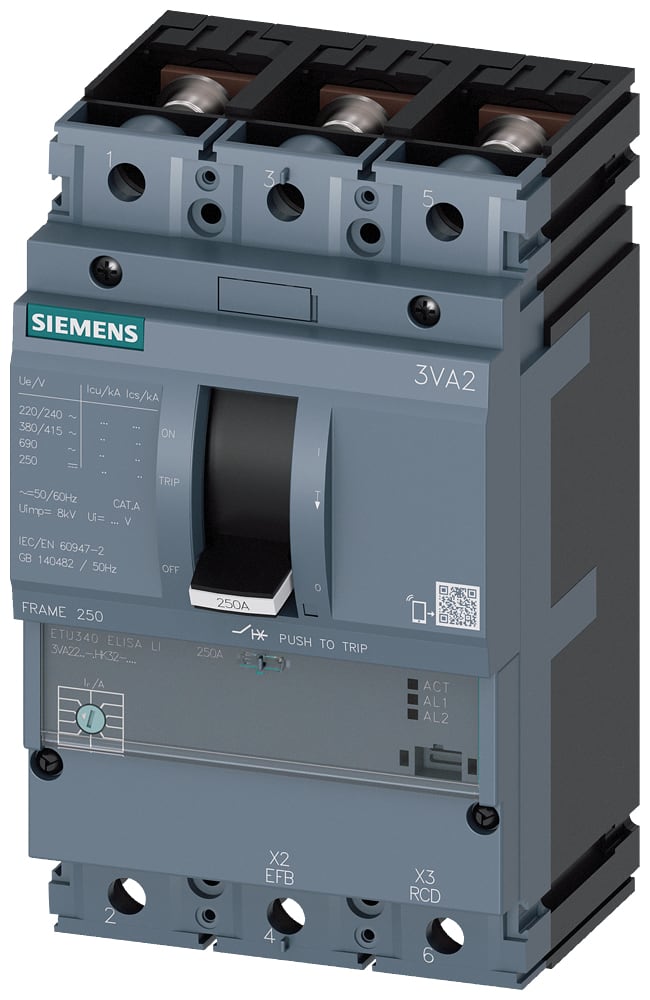 SIEMENS - SIE3VA22168HK320AA0 interruttore automatico 3VA2 IEC frame 250 classe del potere di interruzione L Icu=150kA con 415V a 3 poli, protezione impianto ETU340, ELISA LI, I...