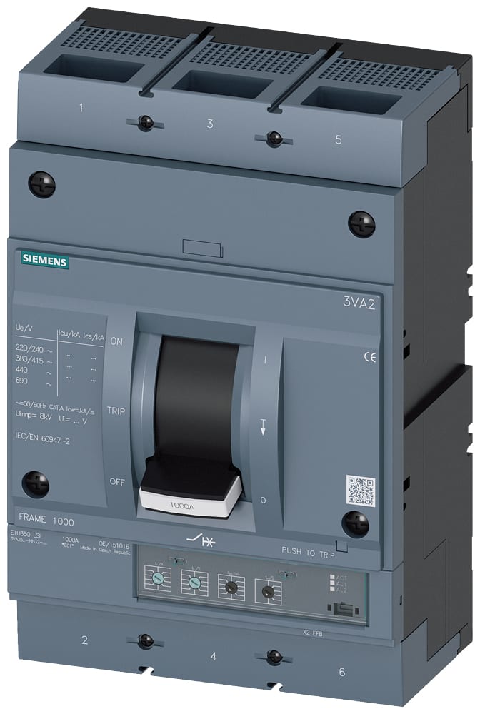 SIEMENS - SIE3VA25106HN320AA0 interruttore automatico 3VA2 IEC frame 1000 classe del potere di interruzione H Icu=85kA con 415V a 3 poli, protezione impianto ETU350, LSI, In=100...