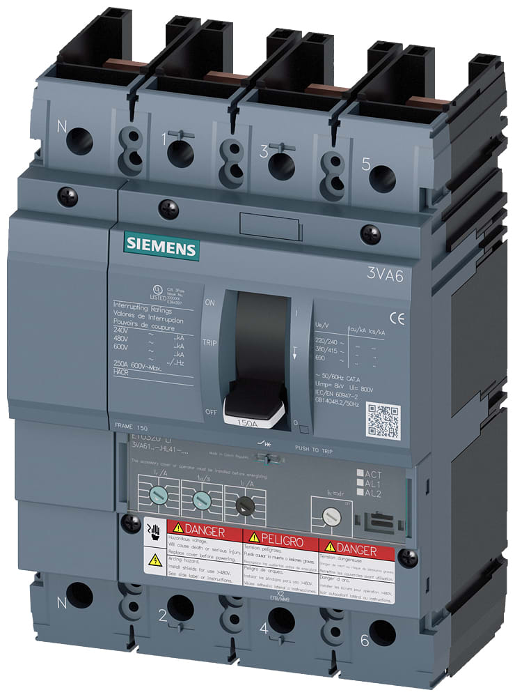SIEMENS - SIE3VA61155HL410AA0 Interruttore automatico 3VA6 UL Frame 150, classe del potere di interruzione M, 35 kA con 480 V a 4 poli