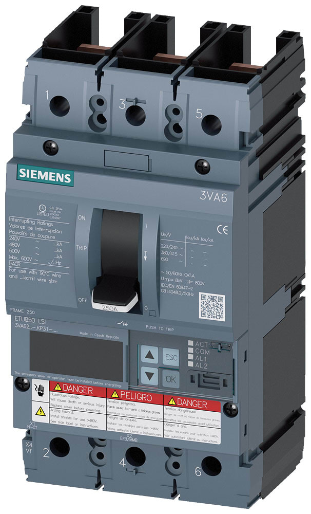 SIEMENS - SIE3VA62256KP312AA0 MCCB UL BG250 250A 3P 65KA ETU8 LSI 100%