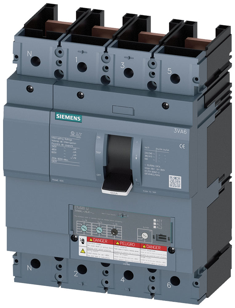 SIEMENS - SIE3VA64605HL410AA0 Interruttore automatico 3VA6 UL Frame 600, classe del potere di interruzione M, 35 kA con 480 V a 4 poli
